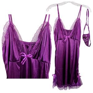 NEW Purple Satin & Lace Babydoll Teddy & Thong Set Semi Sheer Nightie Lingerie